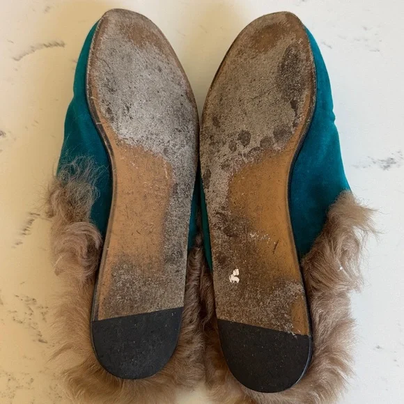 Gucci Princetown Fur Mules Color Teal Velvet Horsebit Slides Womens Size 36.5 - Picture 13 of 16